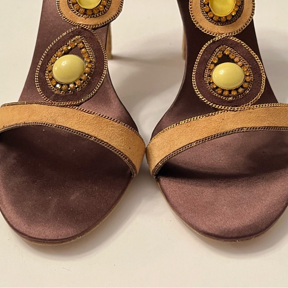 Women’s NINE WEST Satin Suede Brown Gold High Heel Sandals 5.5 Box Bag - Picture 4 of 15